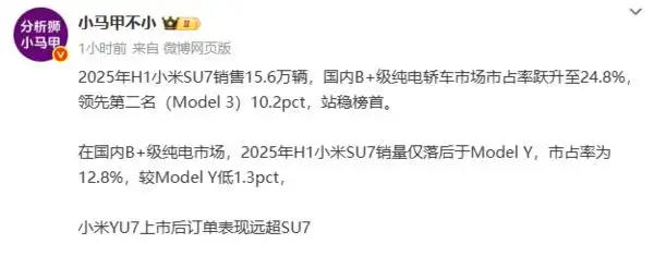 小米SU7 2025年上半年市占率 _ 小米SU7 B+级纯电市场表现 _小米su7